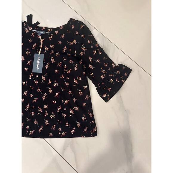 NWT ModCloth Sunday Afilado Black Floral Back Wrap Bow Tie Pullover Top Size L - Picture 4 of 13